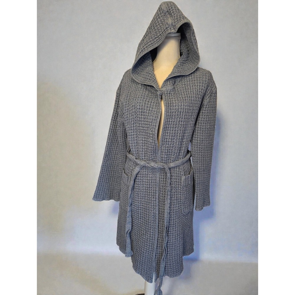 Onsen Robe Small Unisex Gray Waffle Hooded Supima Cotton Belted Kimono Bath $199